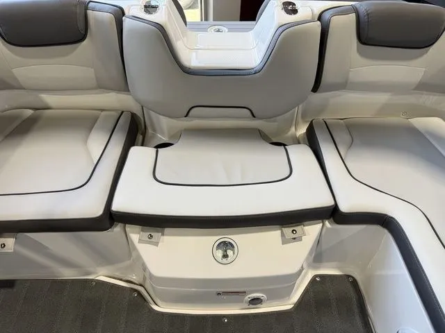 Slide: The Image of Interior of 2026 Yamaha SX190 boat with gray and white seating. - 9