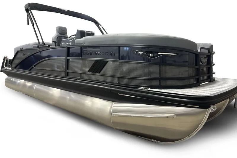 The Image of 2026 Bennington 22 M Open Fastback Quad Bench pontoon boat, sleek design, side view. - 0