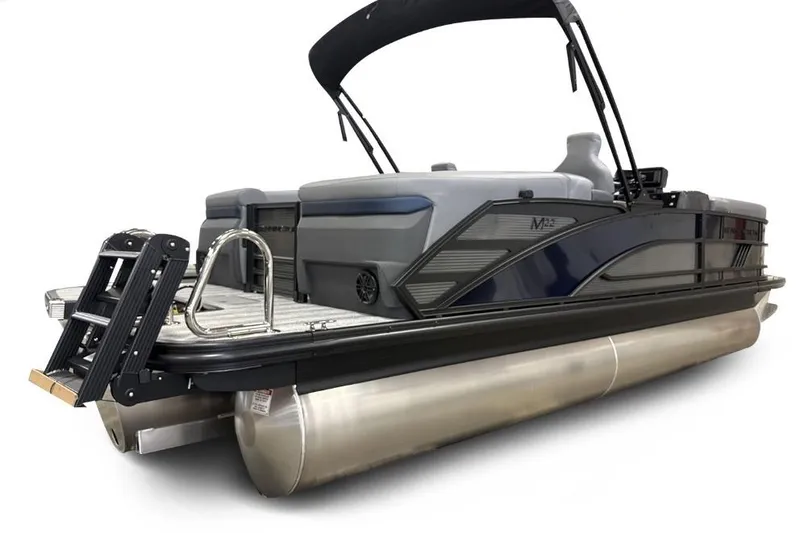 Slide: The Image of 2026 Bennington 22 M Open Fastback Quad Bench pontoon boat with sleek design and ladder. - 2