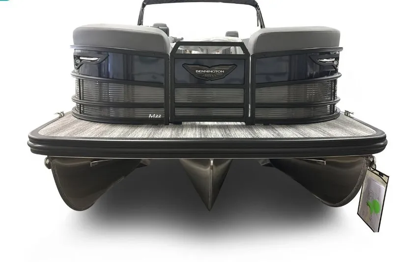 Slide: The Image of 2026 Bennington 22 M Open Fastback Quad Bench pontoon boat, front view. - 3