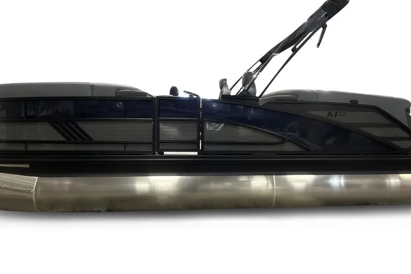 Slide: The Image of 2026 Bennington 22 M Open Fastback Quad Bench pontoon boat, sleek design, side view. - 5