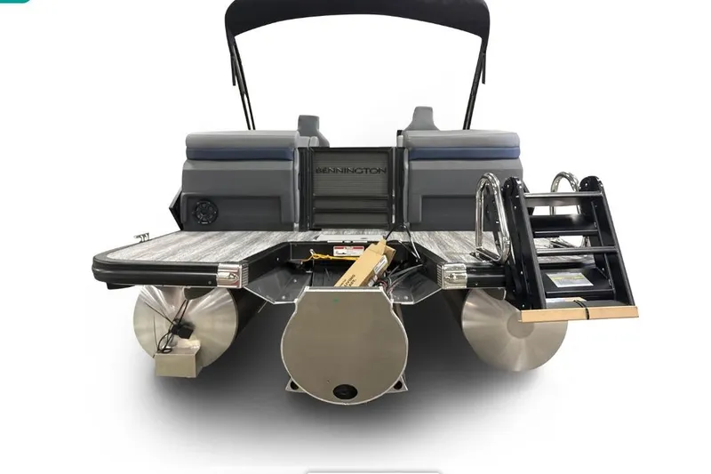Slide: The Image of 2026 Bennington 22 M Open Fastback Quad Bench pontoon boat, rear view with ladder and seating. - 7