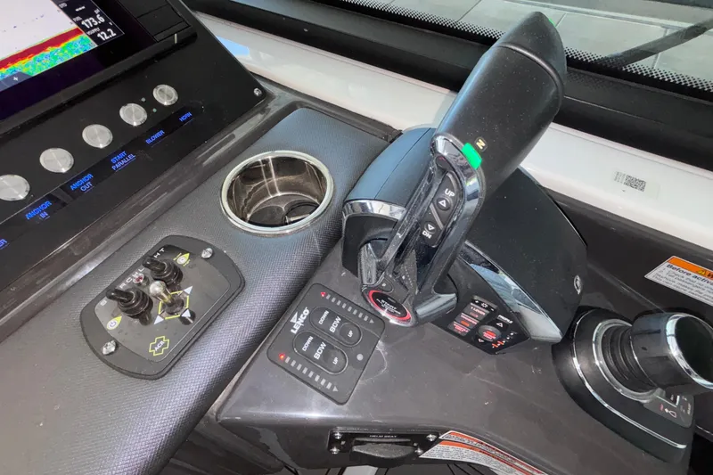 Slide: The Image of Control panel of 2023 Monterey 385SS Super Sport boat with joystick and throttle. - 44