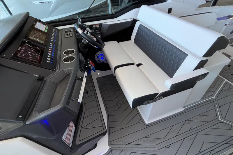 Slide: The Image of 2023 Monterey 385SS Super Sport cockpit with modern dashboard and luxurious seating. - 48
