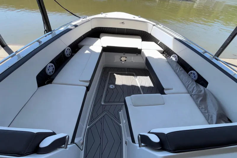 Slide: The Image of 2023 Monterey 385SS Super Sport boat interior with spacious seating and modern design. - 63