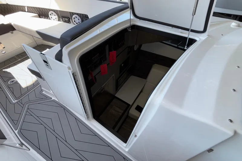 Slide: The Image of 2023 Monterey 385SS Super Sport cabin entrance with modern interior and sleek design. - 76