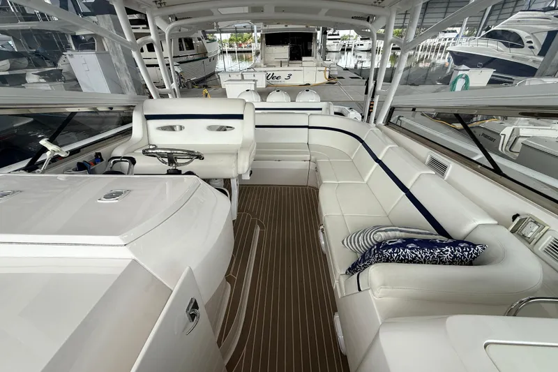Slide: The Image of Luxurious interior of 2016 Intrepid 430 Sport Yacht with plush seating and modern helm. - 17