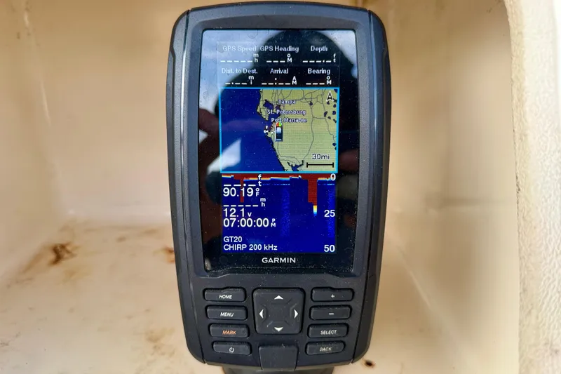 Slide: The Image of Garmin GPS device displaying navigation map on a 2001 Scout 172 Sportfish boat. - 20