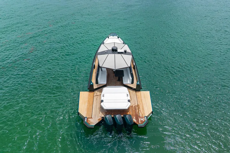 Slide: The Image of Aerial view of Wally wallytender43X yacht on water, 2023 model. - 1