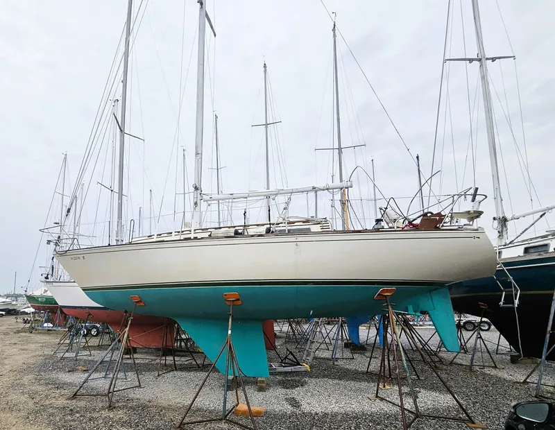 The Image of 1985 Sabre 34 sailboat on stands in dry dock. - 0