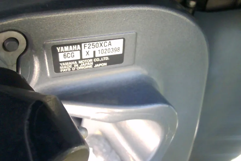 Slide: The Image of Yamaha F250XCA engine label on 2005 Grady-White Tournament 225 boat. - 10