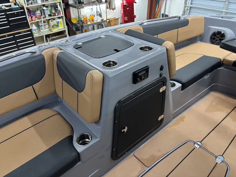 Slide: The Image of Interior of 2026 Tahoe Deck 2150 boat with modern seating. - 18