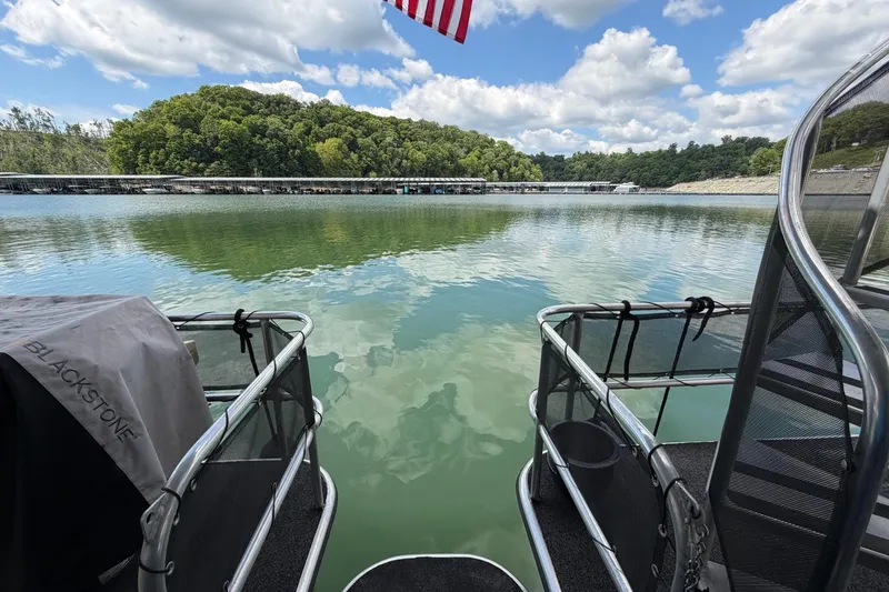 Slide: The Image of View from a 1988 STARDUST 16x70 boat, overlooking a serene lake and lush greenery. - 38