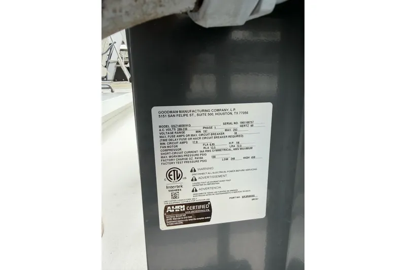 Slide: The Image of Label on Goodman Manufacturing equipment, model GSZ140191KB, with technical specifications and certifications. - 44