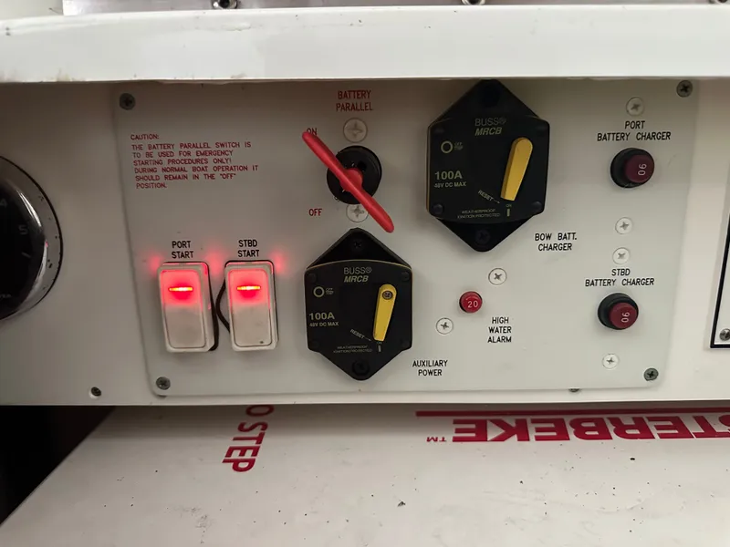 Slide: The Image of Control panel of a 2008 Formula 37 Performance Cruiser with battery and alarm indicators. - 30