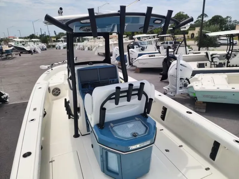 Slide: The Image of 2026 Pathfinder 2800 Hybrid boat parked at a marina. - 4
