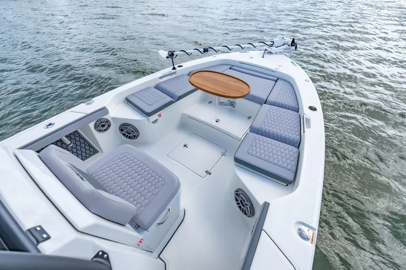 Slide: The Image of 2026 Pathfinder 2800 Hybrid with stylish deck and seating area. - 17