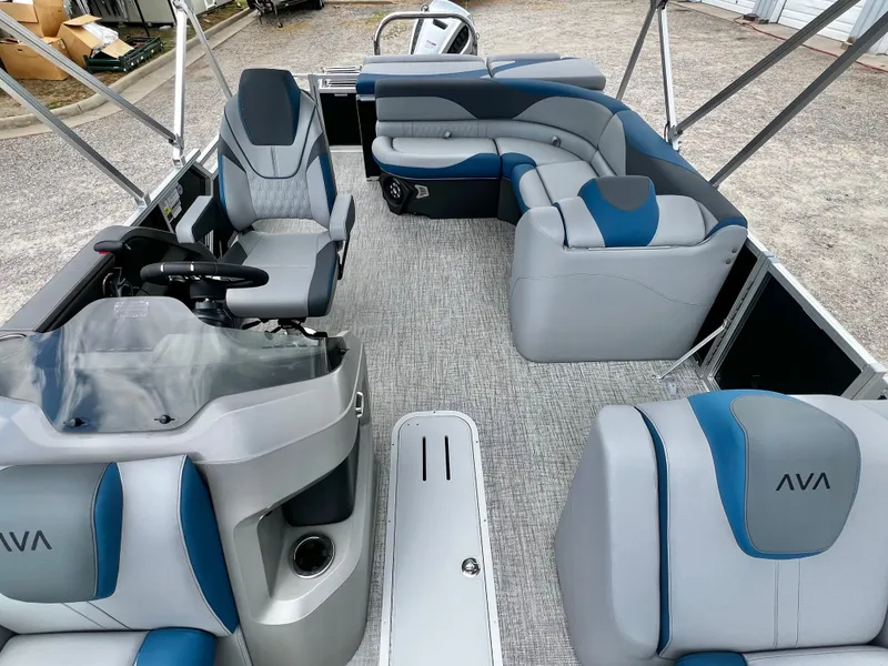 Slide: The Image of Interior of Avalon LSZ 23' Cruise Triple-Toon 2026, luxurious seating, modern design. - 11