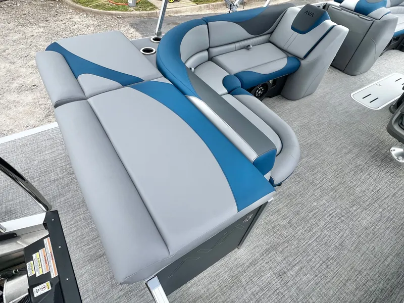 Slide: The Image of Interior of Avalon LSZ 23' Cruise Triple-Toon 2026, gray and blue upholstery. - 19