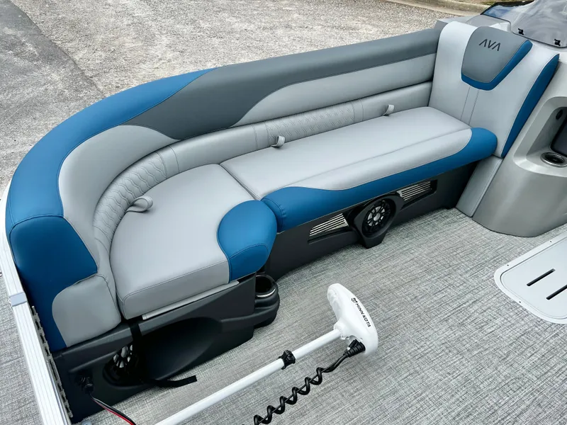Slide: The Image of Avalon LSZ 23' Cruise Triple-Toon seating area, gray-blue design, 2026 model. - 9