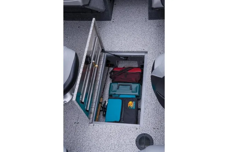 Slide: The Image of 2014 Tracker Targa V-18 Combo boat storage with fishing gear. - 20