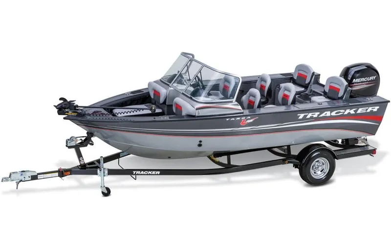 Slide: The Image of 2014 Tracker Targa V-18 Combo boat on trailer, gray color. - 43