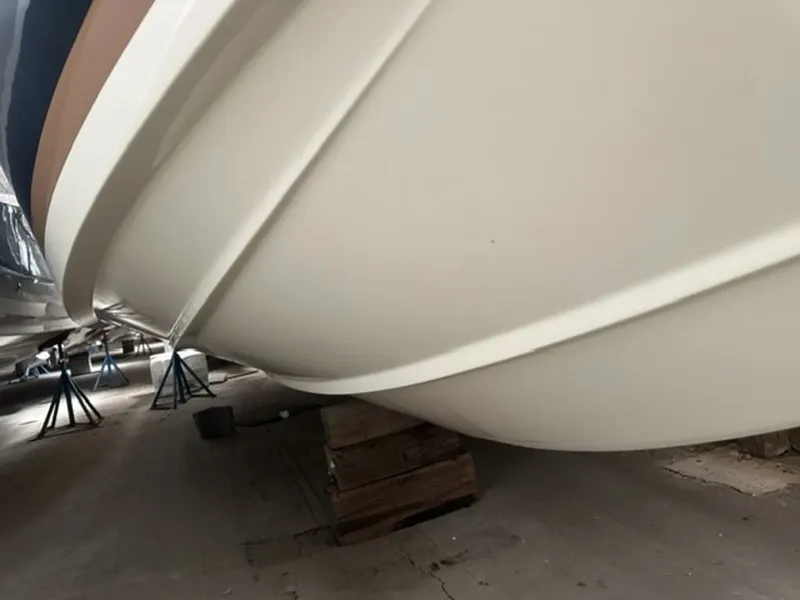 Slide: The Image of Underside of a 2022 Chris-Craft Launch 28 GT boat in storage. - 5