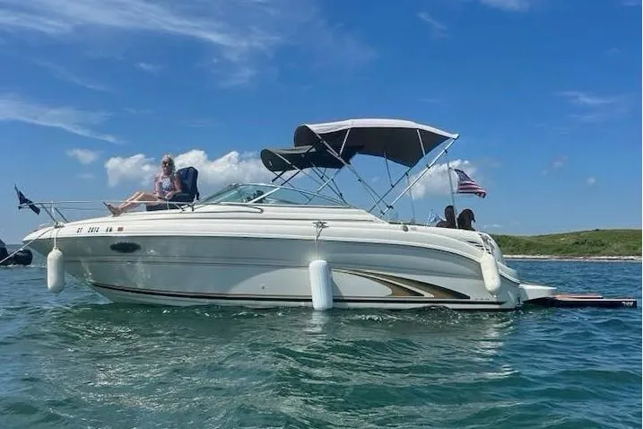 Slide: The Image of 2001 Sea Ray 245 Weekender boat on water, sunny day, American flag, two people relaxing. - 2