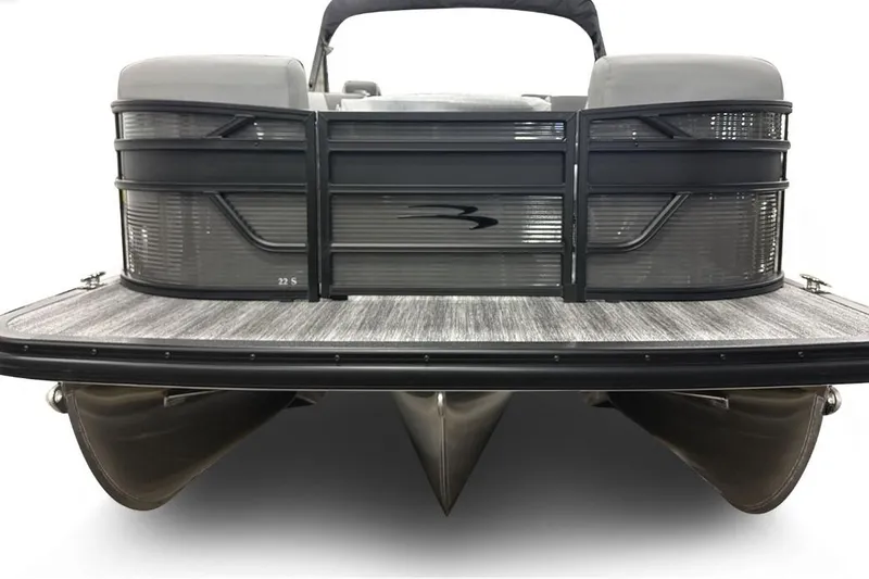 Slide: The Image of 2026 Bennington 22 S Quad Bench pontoon boat, rear view with sleek design and dual pontoons. - 3