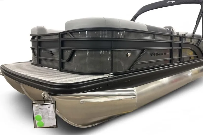 Slide: The Image of 2026 Bennington 22 S Quad Bench pontoon boat, sleek design, side view. - 4