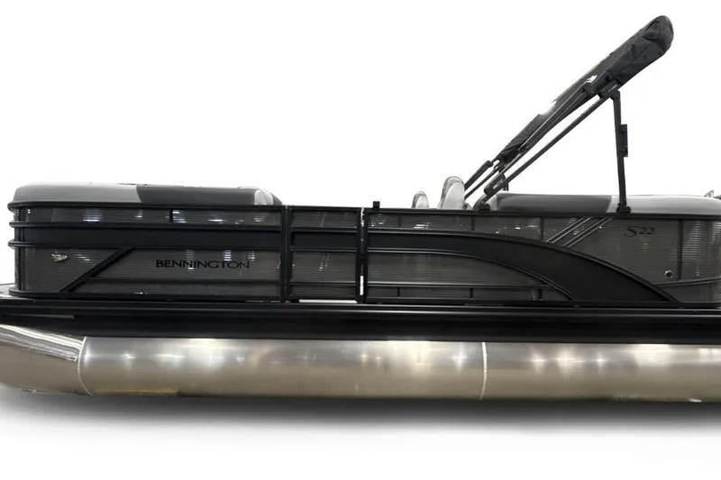 Slide: The Image of 2026 Bennington 22 S Quad Bench pontoon boat, side view, sleek design. - 5