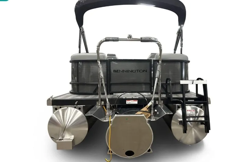 Slide: The Image of 2026 Bennington 22 S Quad Bench pontoon boat, rear view with ladder and canopy. - 7