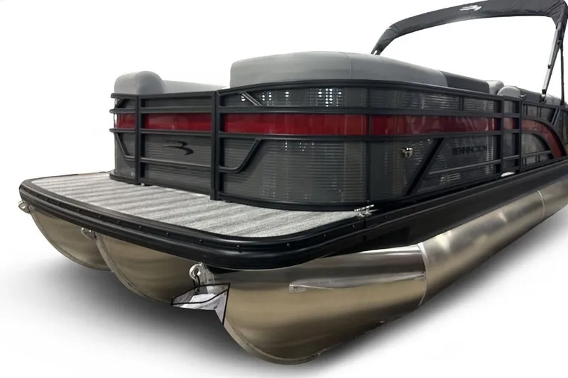 Slide: The Image of 2026 Bennington 22 S Swingback pontoon boat, rear view, showcasing sleek design and sturdy construction. - 4
