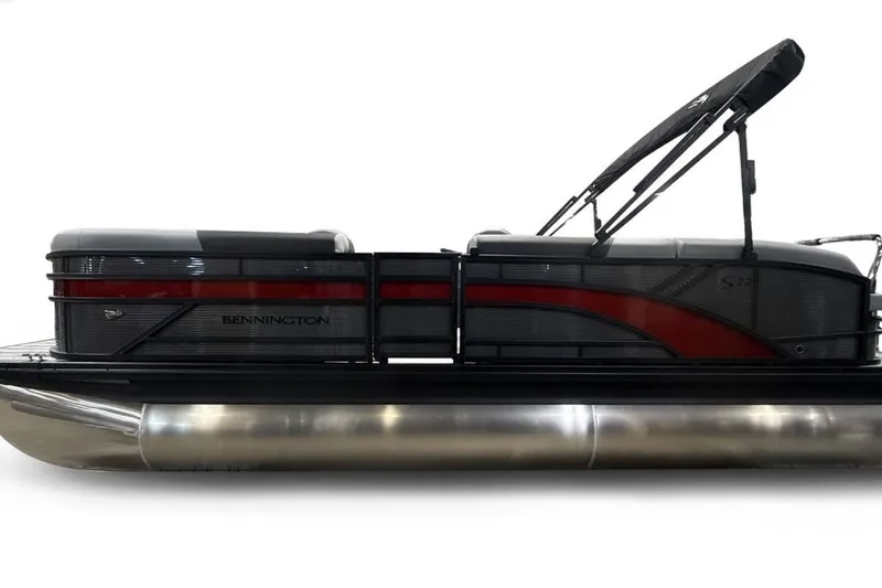 Slide: The Image of 2026 Bennington 22 S Swingback pontoon boat, side view with sleek design and canopy. - 5