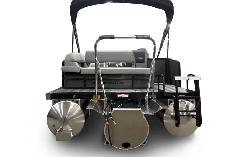 Slide: The Image of 2026 Bennington 22 S Swingback pontoon boat, rear view with seating and ladder. - 7