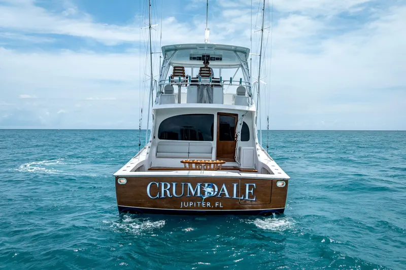 Slide: The Image of 2026 Viking 54 Convertible yacht on open sea, rear view, "CRUMDALE" name visible. - 5