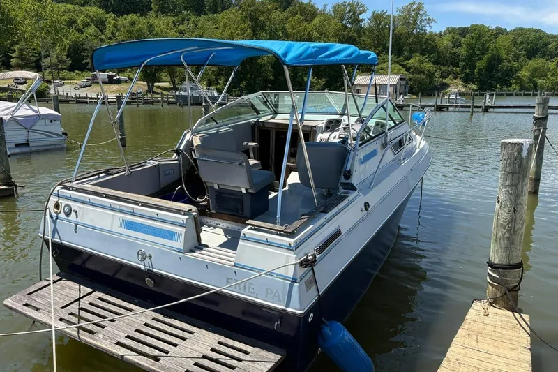 Slide: The Image of 1987 Four Winns 245 Vista boat docked on a sunny day with blue canopy. - 2