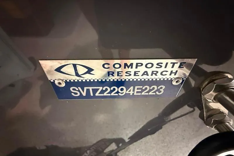 Slide: The Image of 2023 Sea Born FX22 Bay boat identification plate with Composite Research branding. - 23
