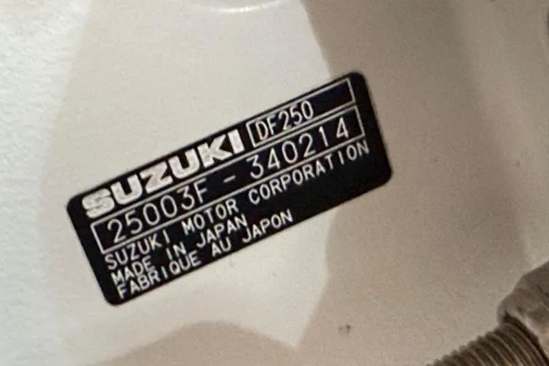 Slide: The Image of Label on Suzuki DF250 motor, Sea Born FX22 Bay 2023 boat, made in Japan. - 24