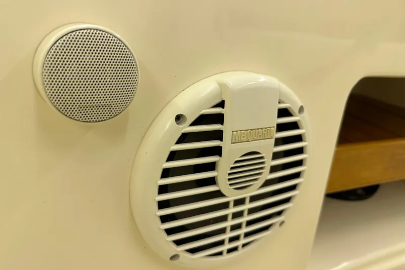 Slide: The Image of Close-up of MB Quart speakers on a 2007 Sabre 386 boat interior. - 115