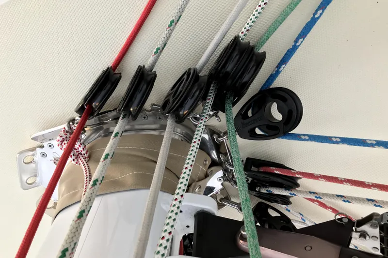 Slide: The Image of Close-up of sailing rigging and pulleys on a 2007 Sabre 386 yacht. - 140
