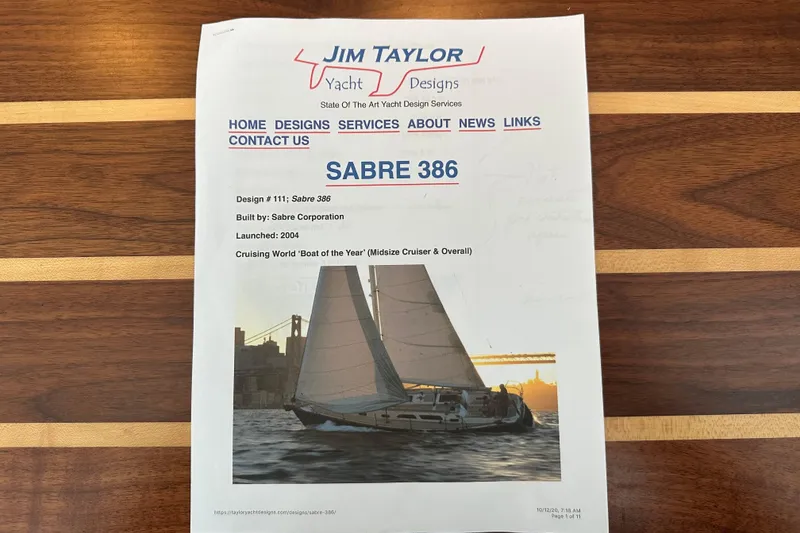 Slide: The Image of Brochure for Sabre 386 yacht by Jim Taylor Yacht Designs, featuring sailing image. - 164