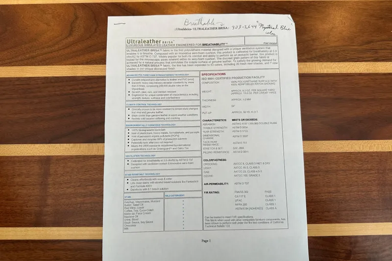 Slide: The Image of Document on wooden table detailing Ultrafabrics Brisa specifications and features. - 166