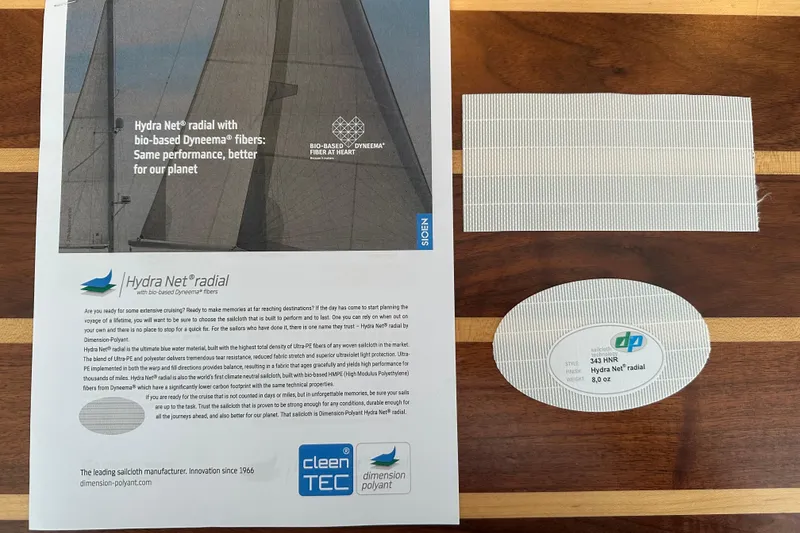 Slide: The Image of Brochure and fabric samples of Hydra Net® radial sailcloth with bio-based Dyneema® fibers, Sabre 386, 2007. - 168
