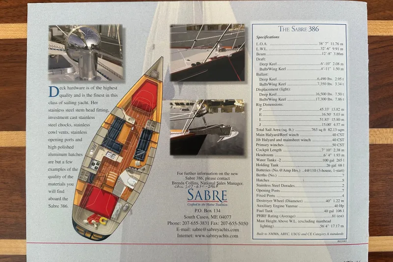 Slide: The Image of Brochure for 2007 Sabre 386 yacht, featuring specifications and interior layout. - 169