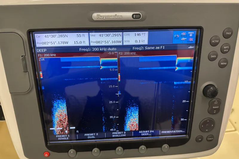 Slide: The Image of Marine navigation display showing sonar data on a Raymarine E120, Sabre 386, 2007 model. - 97