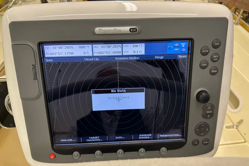 Slide: The Image of Raymarine E120 marine navigation display showing "No Data" message on a Sabre 386, 2007 model. - 99