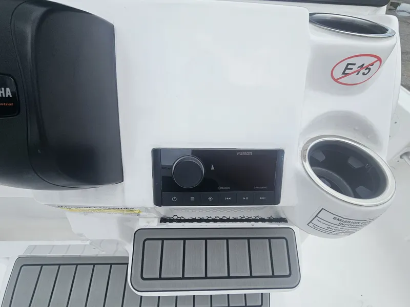 Slide: The Image of Tidewater 2110BMT 2026 boat console with Yamaha control and Fusion audio system. - 11