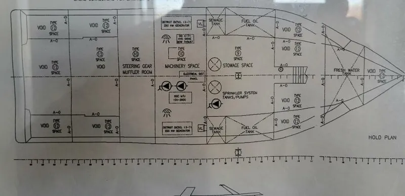 Slide: The Image of Blueprint of 1979 Blount 130 Dinner Cruise ship layout with labeled sections. - 18