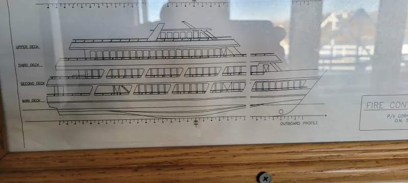 Slide: The Image of Blueprint of 1979 Blount 130 Dinner Cruise ship, side view with labeled decks. - 21